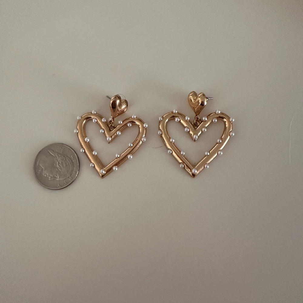 Gold Heart Drop Earrings with White Accent Beads